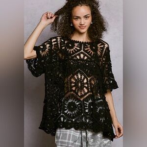 POL Black Crochet Short Sleeve Layering Top